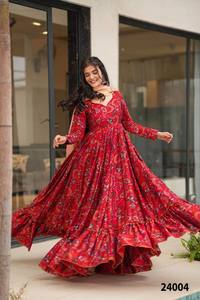 Traje Anarkali Rojo Estampado para Mujer con Dupatta Color Durazno, Largo hasta el Suelo, Estilo Tradicional para Fiestas, Estilo India-Pakistán, Vestido de Poliéster - Product Image 5