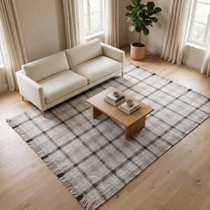 Tapis en laine tufté à la main noir et blanc à motif quadrillé monochrome, écologique, antidérapant, avec franges, pour salon - Product Image 4