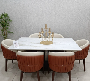 Juego de Comedor de Lujo Ecológico de 6 Plazas con Diseño Zen Asiático, Mesa de Mármol y Madera con Sillas de Comedor de Terciopelo para Sala de Estar - Product Image 1