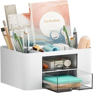 Organisateur de stylos multifonctionnel à 5 compartiments, porte-crayons à 2 tiroirs avec accessoires de bureau pour l'organisation du bureau et des tiroirs - Product Image 1