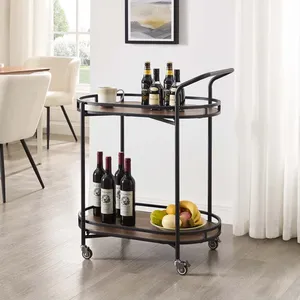 Modern Vintage Eco-Friendly <b>Round</b> Metal Rolling Kitchen Cart with Wooden Shelves Durable Storage for Party Use - Product Image 2
