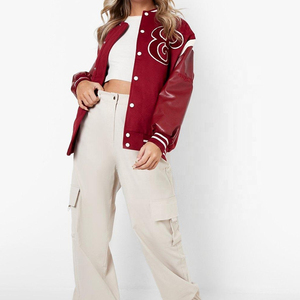 Chaqueta de béisbol informal de mujer, estilo universitario, con mangas de piel y patchwork de mezclilla, bloques de color, gruesa, de poliéster y algodón, para invierno, tendencia de primavera - Product Image 1