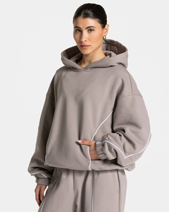 Sudadera con Capucha Extra Grande para Mujer, Color Gris Piedra, con Líneas en Contraste, de Algodón Premium, Estilo Urbano Informal, Personalizada OEM - Product Image 1