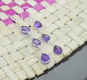 Amethyst 925 Sterling Silver 3 Stone Drop <b>Earrings</b> Peace Design Wedding Trendy Wholesale Gemstone Jewelry Export India - Product Image 4