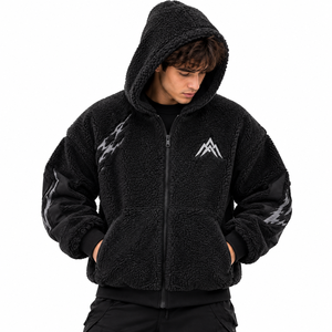 Men's Black <b>Sherpa</b> <b>Fleece</b> Hooded Zip-Up Jacket Oversized Casual Winter Wear With Mountain Logo Front Print - Product Image 1