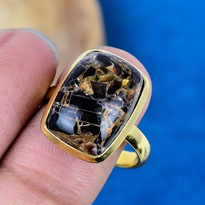 Natural Black <b>Shell</b> Copper <b>Cushion</b> Shape Gemstone Ring 18k Gold Micron Over 925 Sterling Silver - Product Image 3