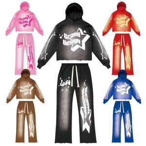 Ensemble sweat à capuche et pantalon de jogging évasé en molleton bouclette DTG délavé à l'acide, avec impression en relief et effet soleil délavé, pour homme - Product Image 6