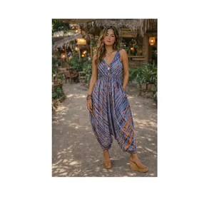 Combinaison Bohème Gris Bleu Tie-Dye pour Femme, Sans Manches, Col en V, Bretelles Ajustables, Coupe Ample et Fluide, Tenue de Plage - Product Image 4