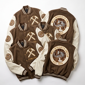 OEM Custom Varsity Letterman Jacket Wool Leather Sleeves Forest Harvest <b>Logging</b> Embroidery Sawbuck Patch Brown Coat - Product Image 5