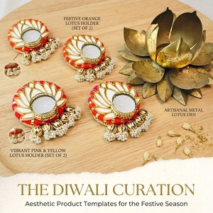 Handmade Eco-Friendly Festive Indian Diwali Lotus Tealight Candlestick Holder Metal Diya Stand Set Home Temple Wedding <b>Table</b> - Product Image 2