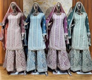 Elégant Star Heavy Dupatta Indien Pakistanais Vêtements Georgette Russe Gharara Lakhnavi Broderie Perle Pierre Séquence Travail - Product Image 3