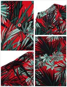 Conjunto de camisa y pantalones cortos con estampado de hojas tropicales rojas para hombre, conjunto de verano para vacaciones en la playa de poliéster - Product Image 2