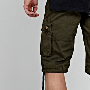 Men Olive Green Cargo Shorts Mid Waist Drawstring Closure Casual Bermuda Shorts With Side Pockets Canvas Material - Product Image 5