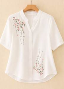 Blusa de Algodón Blanca para Mujer, Bordada, Manga Corta, con Botones, Estilo Casual, para Verano - Product Image 4