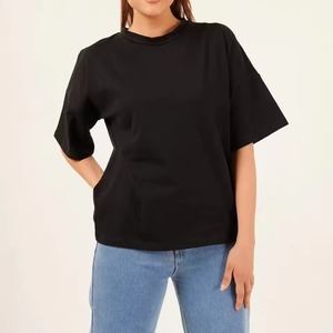 เสื้อยืดคอกลมสีดำแขนสั้นสำหรับผู้หญิงทรงหลวมลำลองสีทึบผ้าฝ้าย 100% ถักทอความยาวปกติทุกฤดูกาล - Product Image 1