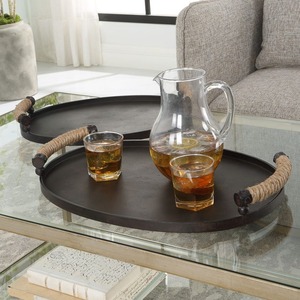 Juego de 2 bandejas decorativas ovaladas de metal con asas de cuerda, estilo industrial antiguo. - Product Image 3