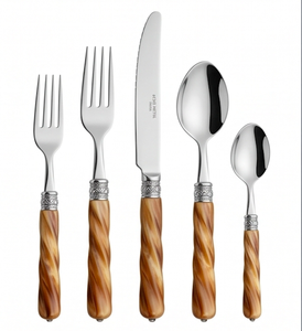 Ensemble de couverts en acier inoxydable avec manches en résine spirale en bois d'olivier, finition miroir haute brillance, parfait pour les mariages, les dîners, la cuisine et les fêtes - Product Image 1