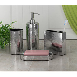 Modern Stainless Steel Bathroom Set 4-Piece Round <b>Soap</b> Dispenser Toothbrush <b>Holder</b> Tumbler Tray Durable Finish - Product Image 1