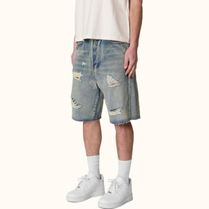 Nuevos Pantalones Cortos Vaqueros Retro de Corte Holgado para Hombre, con Agujeros y Bajo Deshilachado, Venta al por Mayor - Product Image 1