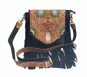 Full Grain Leather Material <b>Crossbody</b> Shoulder <b>Bag</b> With Floral Embroidery Tassel Fringes Bohemian Style Shoulder <b>Bag</b> For Women - Product Image 3