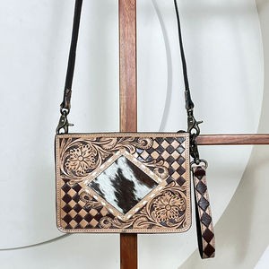 New Handmade Tooled Leather Crossbody Bag with Checkered Design Western Style Shoulder Purse Top Quality Custom Designer <b>Handbag</b> - Product Image 4