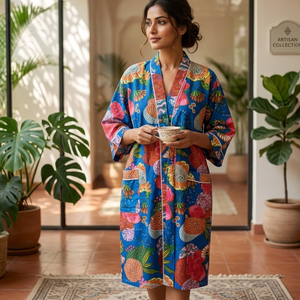 Bata Kimono de Algodón Azul con Estampado Floral, Mangas Largas, Cuello en V, Cinturón con Cordón, Bolsillos Delanteros, Bata Larga para Descansar - Product Image 2