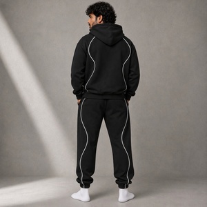 Ensemble de survêtement noir à capuche pour homme avec sweat à capuche et pantalon de jogging à bordure contrastante blanche, vêtements de sport décontractés - Product Image 3