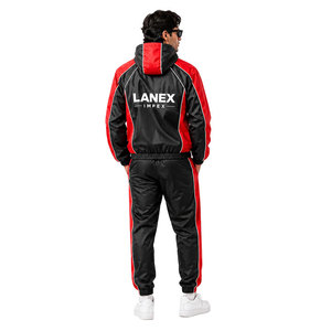 Custom Men Hooded Waterproof <b>Windbreaker</b> Jacket, <b>Black</b> Red Color Block Sports Coat, Lightweight Zip Up Outdoor Training Wear - Product Image 4