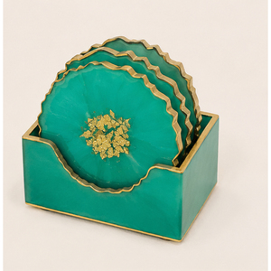 Ensemble de sous-verres en résine époxy vert émeraude personnalisés en gros, sous-verres de luxe en agate avec feuille d'or, bord floral fait main, style géode pour table - Product Image 6