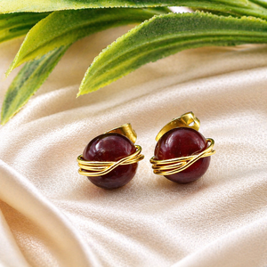 Garnet Round Wire Wrapped <b>Stud</b> <b>Earrings</b> 8mm | Handmade Brass And Silver Red Gemstone <b>Studs</b> | January Birthstone <b>Crystal</b> Jewelry - Product Image 1