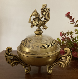 Modern antique finish brass dhoop incense <b>burner</b> bowl holder with wooden <b>side</b> handle for pooja, available at wholesale prices. - Product Image 4