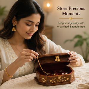 <b>Wooden</b> Jewelry Storage Box | Compact Soft Lining Organizer | Ring Necklace Earring Holder | Natural Handmade Indian Craft Gift - Product Image 5