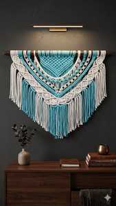 Tapiz de Pared de Macramé Estilo Boho, Decoración de Pared con Flecos Azules y Blancos para Dormitorio o Sala de Estar - Product Image 1