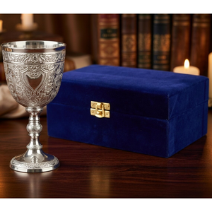 Calice en laiton argenté, style médiéval, coupe décorative, cadeau de mariage et d'anniversaire, boîte de présentation en velours de luxe, décoration de table - Product Image 1