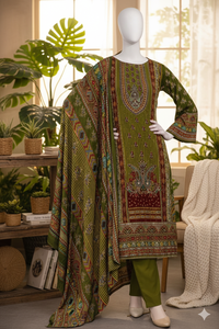 ชุดสาหรี่กะมีซสีเขียวมะกอกแบบปากีสถานพิมพ์ลายสวยงาม ยาวถึงพื้น พร้อมผ้าคลุมไหล่ลายประณีต เหมาะสำหรับงานปาร์ตี้  ชุดพื้นเมืองแบบดั้งเดิม - Product Image 3