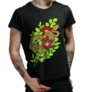 Nueva camiseta bordada con serpientes y flores para hombre, elegante camiseta de algodón negra, top moderno de estilo urbano con diseño floral colorido - Product Image 1