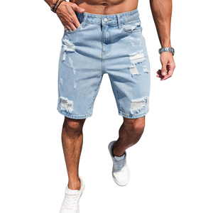 Pantalones Cortos de Mezclilla Transpirables Azul Claro para Hombre, Desgastados, Casuales, de Algodón, Corte Regular, Estilo Urbano de Verano, Lavados, Cinco Bolsillos - Product Image 1