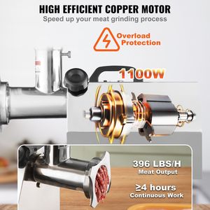 Tritacarne Elettrico Industriale 1100W (4600W MAX) Capacità 794 Lb/H 2 Lame 3 Piastre di Macinazione Vasca per Salsicce - Product Image 3