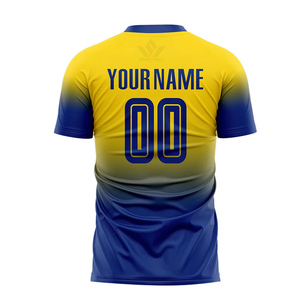เสื้อฟุตบอลชายสั่งทำพิเศษ สีเหลือง-น้ำเงินไล่เฉด พิมพ์ลายแบบ Sublimation แขนสั้น ระบายเหงื่อ แห้งเร็ว ผลิตจากโพลีเอสเตอร์ สำหรับทีมฟุตบอล - Product Image 1
