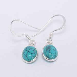Pendientes Colgantes de Plata de Ley 925 Hechos a Mano al por Mayor con Bisel y Gema Ovalada de Turquesa Sintética, de Moda - Product Image 2
