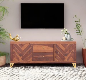 Modern Chevron Pattern Solid Wood <b>TV</b> Unit with Gold Metal Legs | Herringbone Media Console | Jodhpur Export - Product Image 1