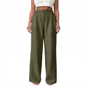 <b>Women's</b> Solid Green Wide Leg Pants High Waist Elastic <b>Loose</b> Fit Full Length Casual Autumn Style Plain Dyed Cotton <b>Trousers</b> - Product Image 3
