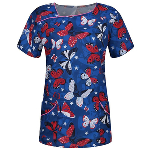 Fashion Blue Red White Graphic Butterfly <b>Nursing</b> Scrub Top Asymmetrical Neckline Healthcare Uniform for Doctors & Dental Clinics - Product Image 5