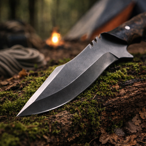 Cuchillo de caza y camping hecho a mano, hoja de acero de Damasco, punta de caída, filo recto, 4 mm de grosor, mango de madera, funda de cuero - Product Image 2