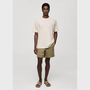 T-shirt à manches courtes col rond surdimensionné pour homme, couleur unie, jersey de coton, coupe décontractée, beige - Product Image 3