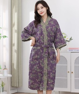 Bata de algodón con estampado floral para mujer, cuello en V, manga tres cuartos, longitud completa, suave, informal, para dormir o como albornoz - Product Image 2