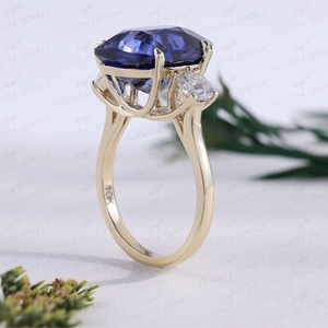 Vintage Blue Cushion <b>Ring</b> Brilliant Round Accent Gold 3 Stone Cocktail <b>Ring</b> Anniversary Jewelry - Product Image 3