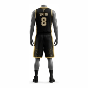 Ensemble de maillots de basket-ball personnalisés avec logo, pour hommes, noir et or, sublimé, col en V, sans manches, respirant, uniforme sportif, toutes saisons, adulte - Product Image 2