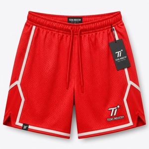 Shorts de basketball pour hommes en maille rouge unie, taille élastique, respirant, sportif, coupe ample et profonde, séchage rapide - Product Image 4
