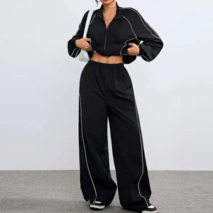 Custom <b>Women</b> Loose Fit Tracksuit Cropped Zip Windbreaker <b>Jacket</b> and Wide Leg Pant Streetwear Activewear <b>Lightweight</b> Tracksuit - Product Image 4